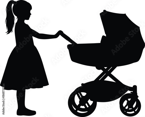Silhouette of young girl pushing baby stroller, child caring for infant carriage in playful family scene, parenting concept for illustration and design use