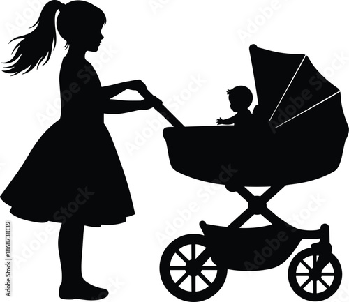Silhouette of young girl pushing baby stroller with infant inside, childhood caregiving scene showing sibling bond, family care and parenting concept illustration