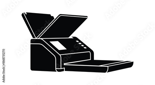 A stark black silhouette of an open scanner and printer combination device modern office equipment silhouette