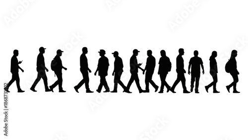 Silhouetted people walking in a line against a white background