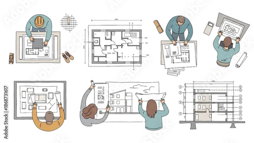 Architects collaborating on building designs in a modern office environment from various viewpoints