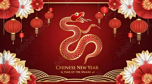 Festive Red Cobra Zodiac With Lanterns, Flowers, And Gold Accents For Chinese New Year