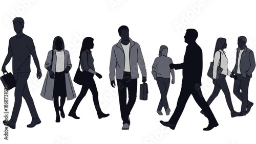 Group of business professionals walking in various directions carrying briefcases in a busy urban environment