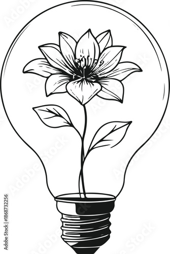 Single line art of a blooming flower emerging from a light bulb, clean black vector illustration, symbolic concept 3