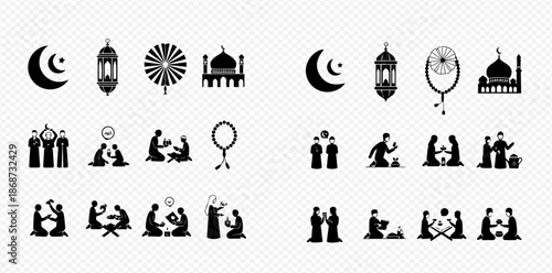 Set of Islamic symbols and people praying, celebrating, and interacting in various religious contexts.