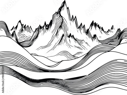 Single line art illustration of a mountain range transforming into sound waves, minimalist black vector design conceptual art 1