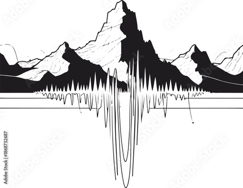Single line art illustration of a mountain range transforming into sound waves, minimalist black vector design, conceptual art 2