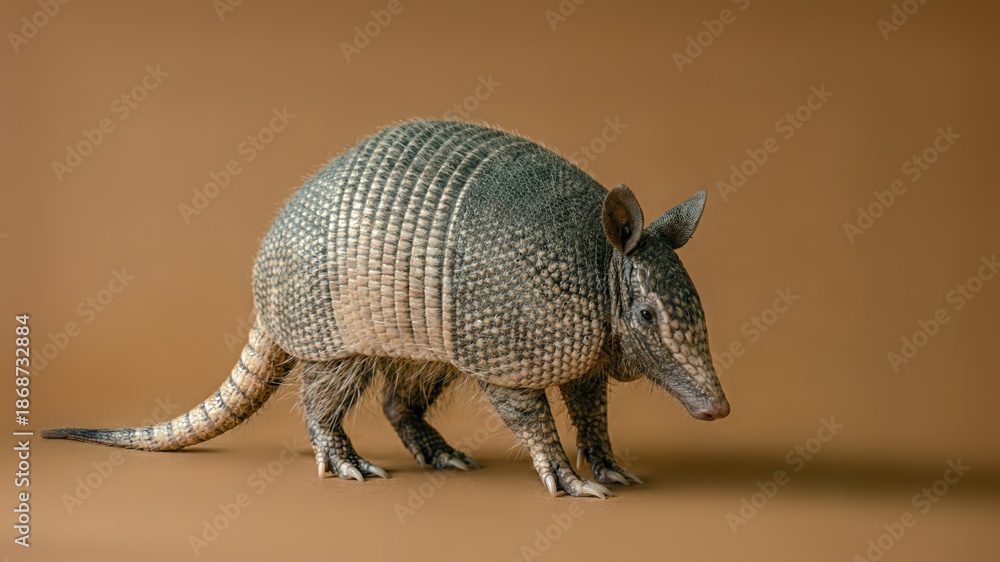 Obraz premium A minimalist composition of an armadillo. An animal with armored, bony plates, strong digging claws, and a sharp sense of smell. Food source: ants, termites, and grubs.