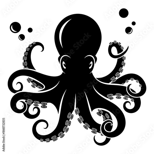 Striking black silhouette graphic of a majestic octopus featuring detailed curling tentacles and surrounding bubbles offers a bold aquatic creature icon design element.