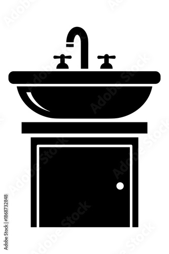 Simple black and white illustration of a classic bathroom vanity sink unit featuring a countertop basin, functional faucet, and storage cabinet below.