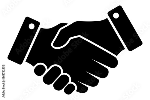 Simple black and white icon illustrating a professional handshake representing partnership, agreement, business deal, and successful collaboration in commerce.