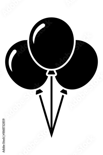 Three stylized black balloons cluster together, tethered by strings extending downward, representing a simple icon for celebration or festive decoration.