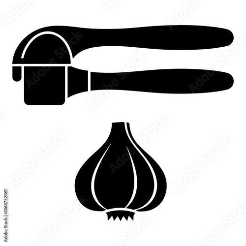 A detailed black silhouette illustration depicts an essential kitchen tool, the garlic press, positioned above a single, whole bulb of raw garlic ready for crushing.