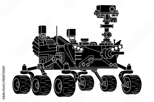 Detailed black and white line art illustration showcasing a complex robotic planetary exploration vehicle designed for remote scientific investigation on extraterrestrial surfaces.