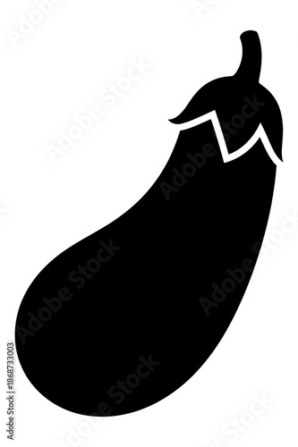 Striking solid black silhouette icon clearly depicting a fresh, elongated eggplant vegetable with its characteristic green cap and stem, ideal for recipes.