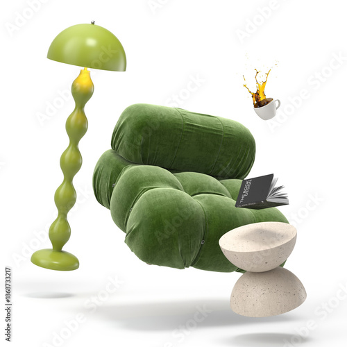 Zero gravity white interior living room 3 D Illustration