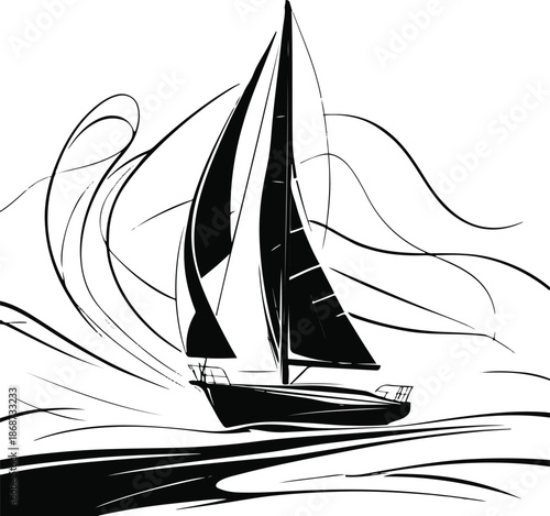 Minimalist line art of a sailing boat shaped by wind lines and waves, black vector illustration, modern style 2