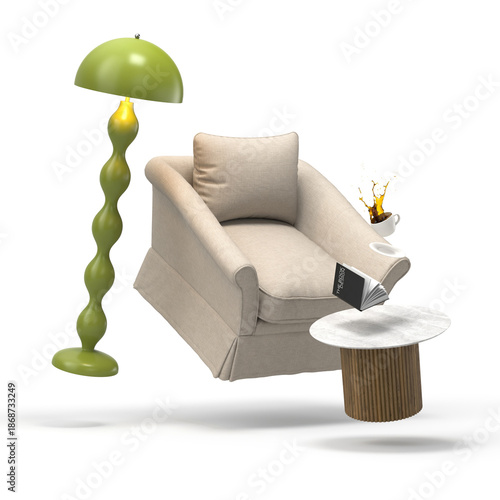 Zero gravity white interior living room 3 D Illustration