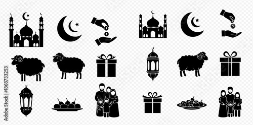 Set of Islamic holiday icons, including mosque, crescent moon, sheep, gifts, lanterns, and family.