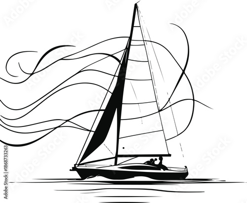 Minimalist line art of a sailing boat shaped by wind lines and waves, black vector illustration, modern style 3