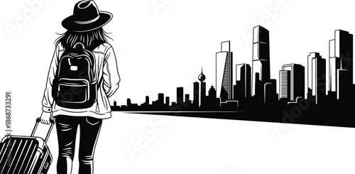 Female tourist carrying backpack and pulling suitcase to skyscrapers sketch