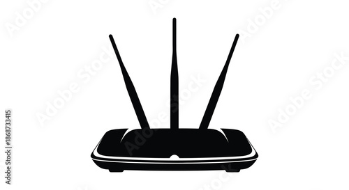 A stark black wireless router with three antennas is presented in a bold silhouette