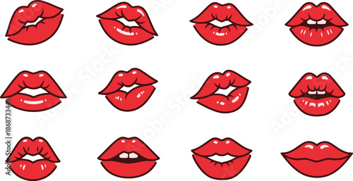 Red Lips Icon Set Vector Collection of Sexy Kiss and Lip Expressions for Valentine, Romance, and Beauty Design Projects