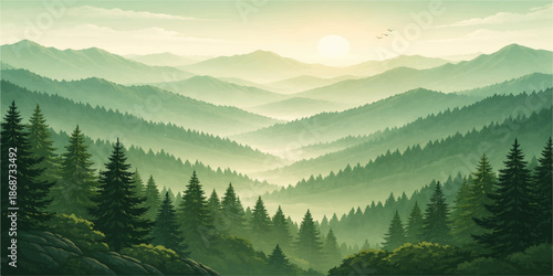 Panoramic summer view of a misty mountain landscape at sunrise featuring a green pine forest valley and high snow covered peaks under a cloudy sky
