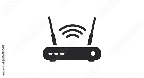 A simple black wireless router icon with signal waves representing connectivity technology and a silhouette