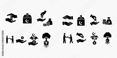 Set of Islamic charity and zakat icons, representing giving, donation, and helping others.