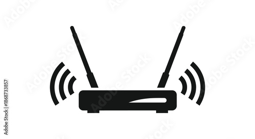 A simple black wifi router icon displaying signal waves a modern communication device silhouette