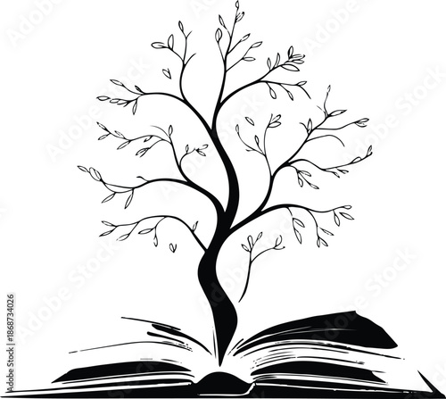 Minimalist line art illustration of a tree growing from an open book, thin black vector strokes, symbolic design 1
