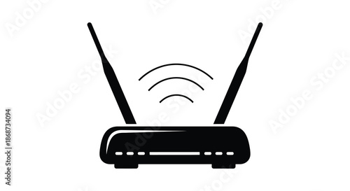 A simple black wireless router icon with radiating signal waves presented as a silhouette