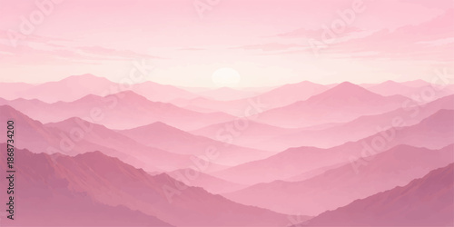Misty pink clouds drift over a serene mountain landscape at dawn, revealing a sunlit horizon of snow-capped alps, forest valleys, and rolling hills under a soft sunrise sky