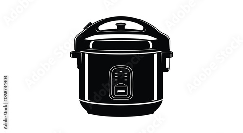 A striking black and white illustration of a modern electric pressure cooker a detailed silhouette