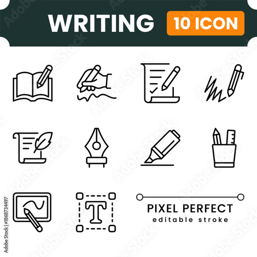 Modern writing icon pack, pen and text symbols, flat vector content creation icons for apps websites and UI UX design