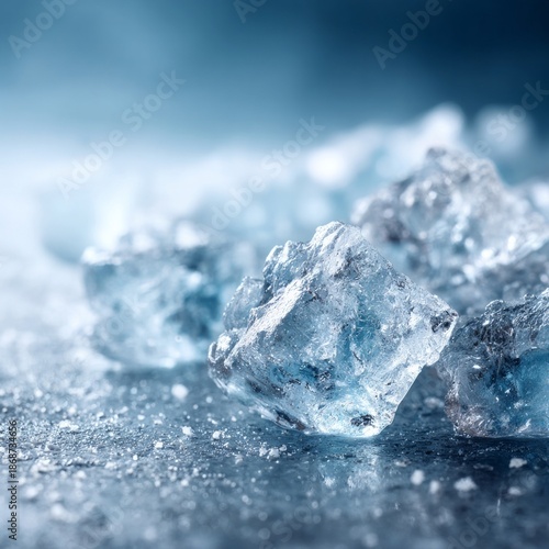 Icy blue crystal fragments on frozen surface with soft bokeh background and copy space