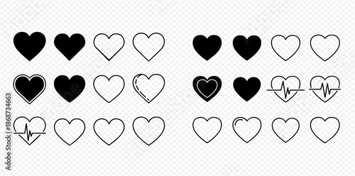 Collection of black and outline heart icons for health, love, and social media likes.