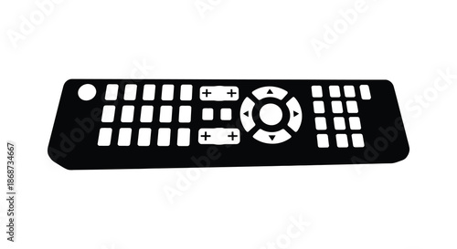 A black remote control with various buttons is shown in a simple striking silhouette