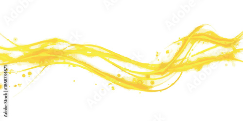 A dynamic golden wave of light and sparkling particles on a white background