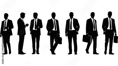 Silhouettes of business professionals walking with briefcases in a row