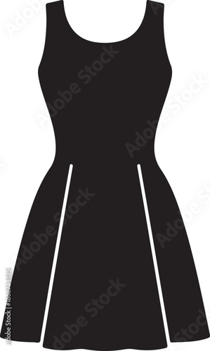 A black sleeveless a line dress with a fitted waist and flared skirt