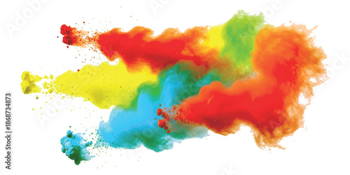 A vibrant, dynamic explosion of multi-colored powder creating an abstract cloud formation against a white backdrop