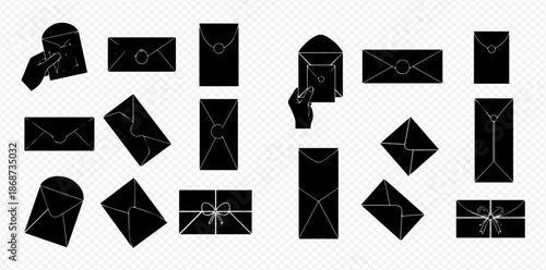 Set of various black silhouette envelopes, including open, closed, and hand holding an envelope, isolated on transparent background.