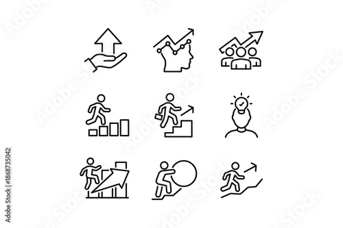 Nine black line icons depicting various business and personal growth concepts success motivation