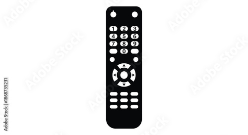 A black and white depiction of a modern television remote control a stark silhouette