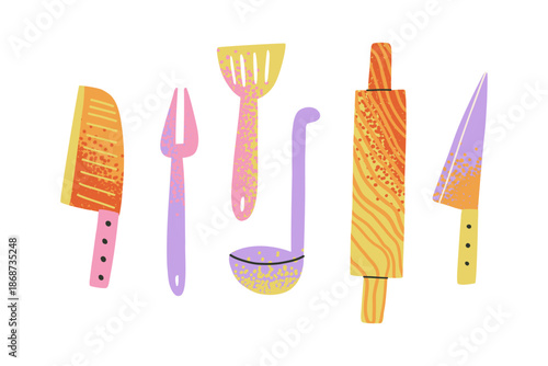 A set of kitchen utensils for cooking. Spoon, Fork, Kitchen Knife, Spatula, Ladle, Rolling Pin.