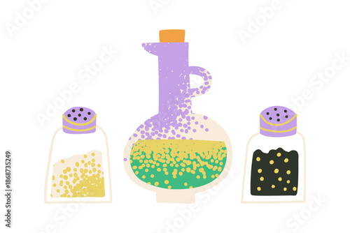 Oil and spices texture illustration. Glass bottles with olive, vegetable, sunflower oil sorts isolated clipart on white background. Salt and pepper shakers.