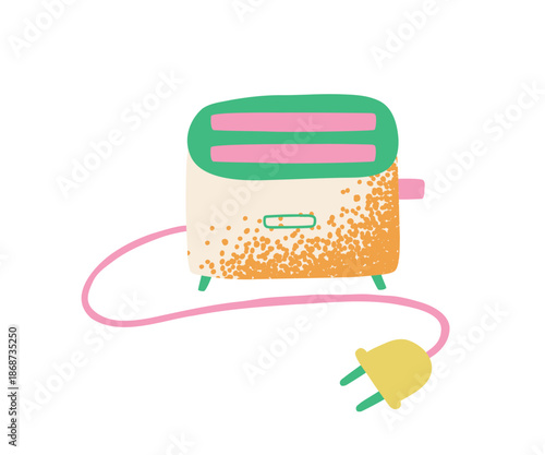 Kitchen toaster textured illustration. Breakfast with toasted bread. Kitchenware for chopping products, cooking.