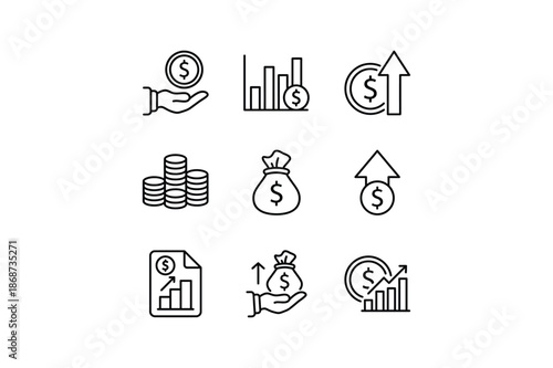 Nine black line icons depicting various financial and business growth concepts money finance